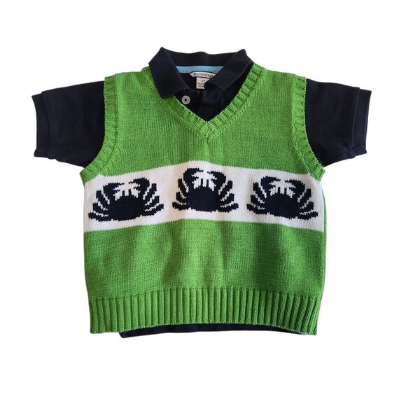 Heartstrings Baby Knit Sweater Short Sleeve Crab Nautical Theme Green Blue 2T - Picture 1 of 8